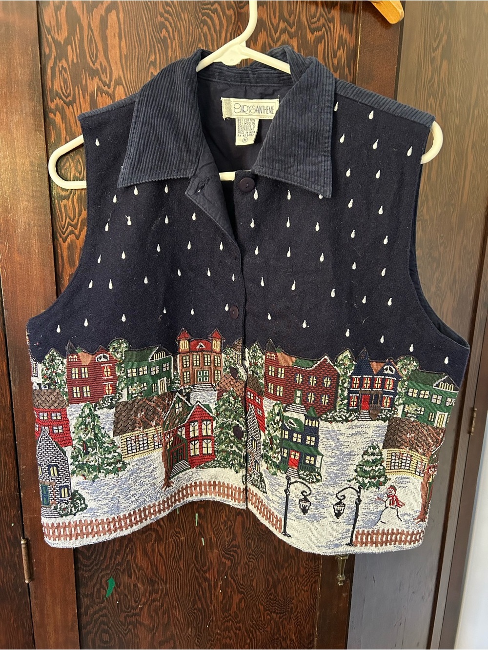 Vintage Navy Embroidered Christmas Village Corduroy-Collar Vest